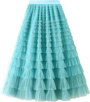 Women's Mesh Tulle Sheer Multi Tiered Long Skirt Ruffle Layered Tutu Skirts Elastic Waist Dress