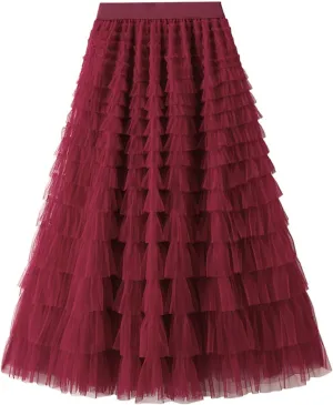 Women's Mesh Tulle Sheer Multi Tiered Long Skirt Ruffle Layered Tutu Skirts Elastic Waist Dress