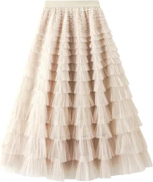 Women's Mesh Tulle Sheer Multi Tiered Long Skirt Ruffle Layered Tutu Skirts Elastic Waist Dress