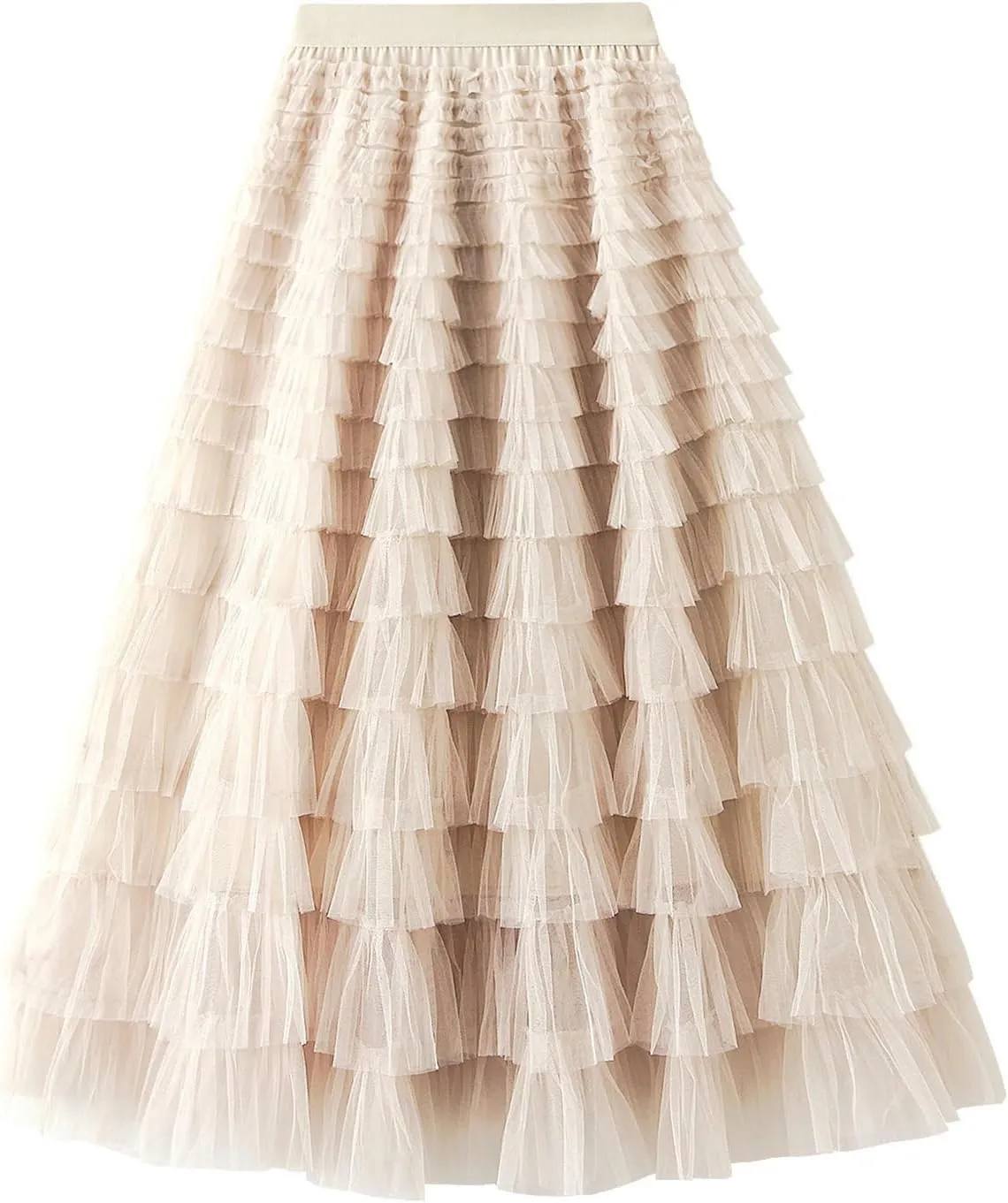 Women's Mesh Tulle Sheer Multi Tiered Long Skirt Ruffle Layered Tutu Skirts Elastic Waist Dress
