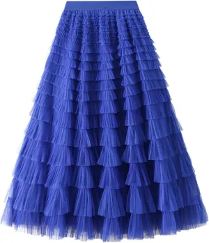 Women's Mesh Tulle Sheer Multi Tiered Long Skirt Ruffle Layered Tutu Skirts Elastic Waist Dress