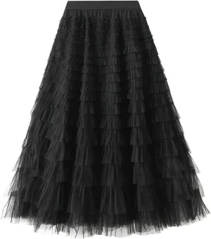 Women's Mesh Tulle Sheer Multi Tiered Long Skirt Ruffle Layered Tutu Skirts Elastic Waist Dress