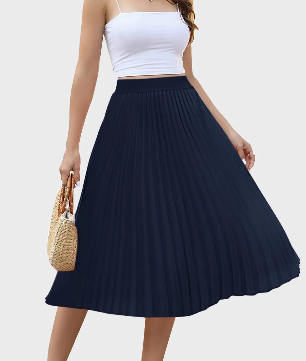 Women's Midi Skirt Elastic High Waist Pleated Skirt Knee Length Swing A-Line Casual Flowy Skirts 2025