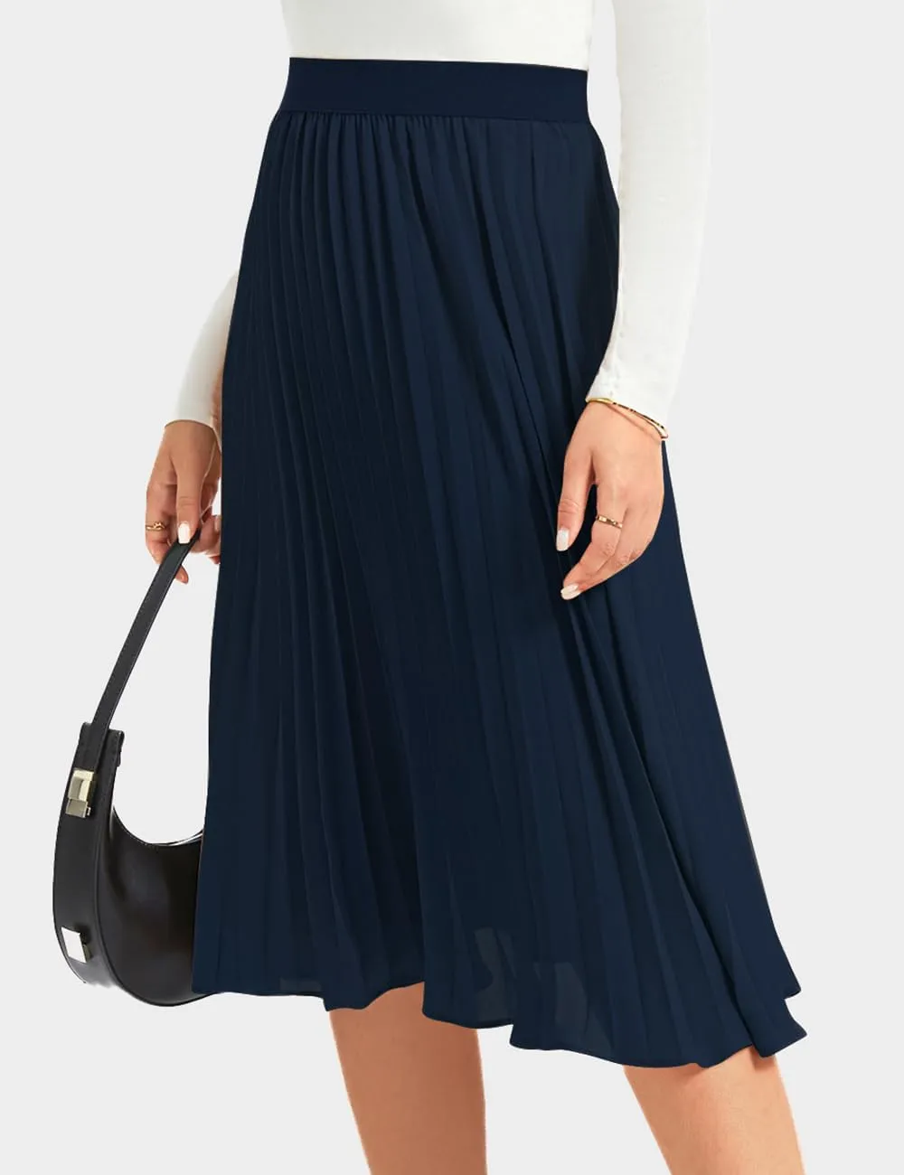 Women's Midi Skirt Elastic High Waist Pleated Skirt Knee Length Swing A-Line Casual Flowy Skirts 2025