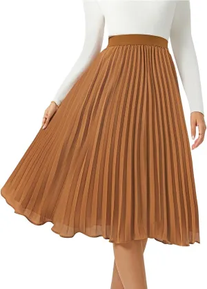 Women's Midi Skirt Elastic High Waist Pleated Skirt Knee Length Swing A-Line Casual Flowy Skirts 2025