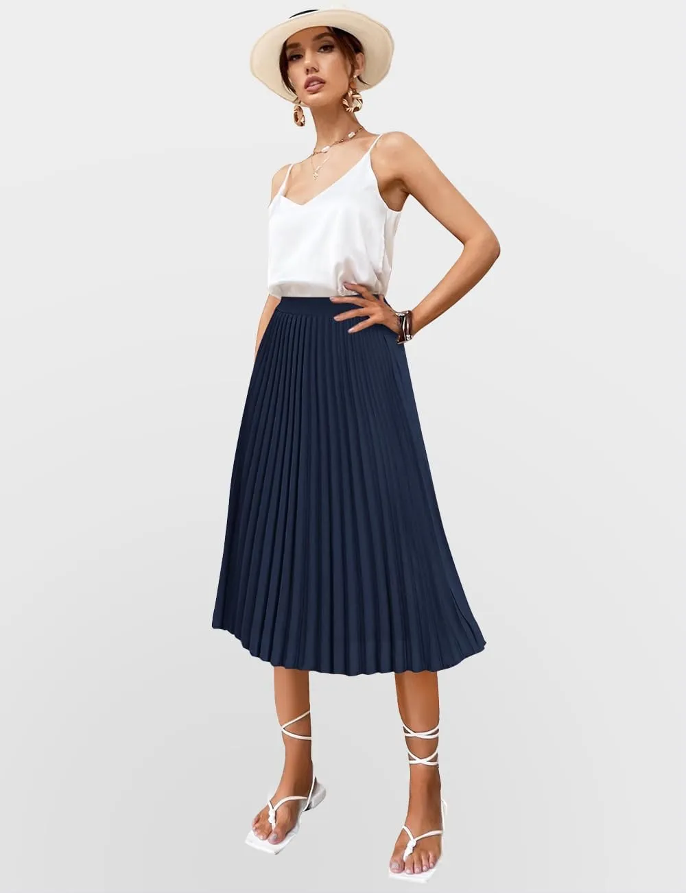 Women's Midi Skirt Elastic High Waist Pleated Skirt Knee Length Swing A-Line Casual Flowy Skirts 2025