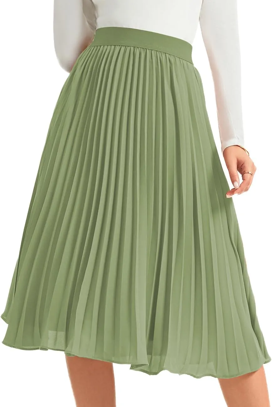 Women's Midi Skirt Elastic High Waist Pleated Skirt Knee Length Swing A-Line Casual Flowy Skirts 2025