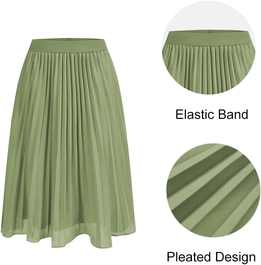 Women's Midi Skirt Elastic High Waist Pleated Skirt Knee Length Swing A-Line Casual Flowy Skirts 2025