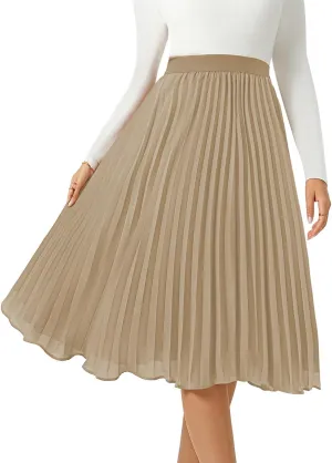 Women's Midi Skirt Elastic High Waist Pleated Skirt Knee Length Swing A-Line Casual Flowy Skirts 2025