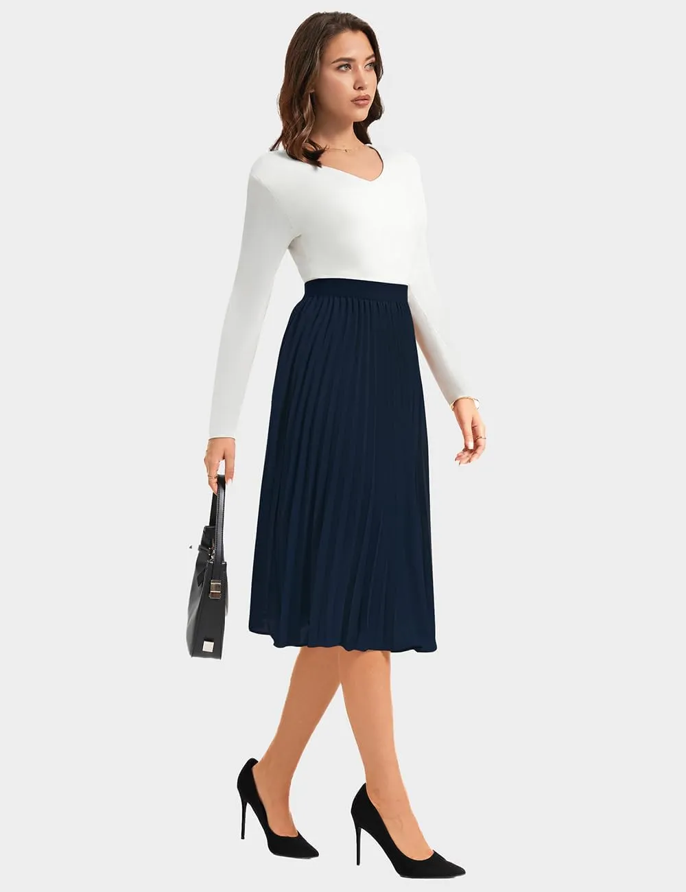 Women's Midi Skirt Elastic High Waist Pleated Skirt Knee Length Swing A-Line Casual Flowy Skirts 2025