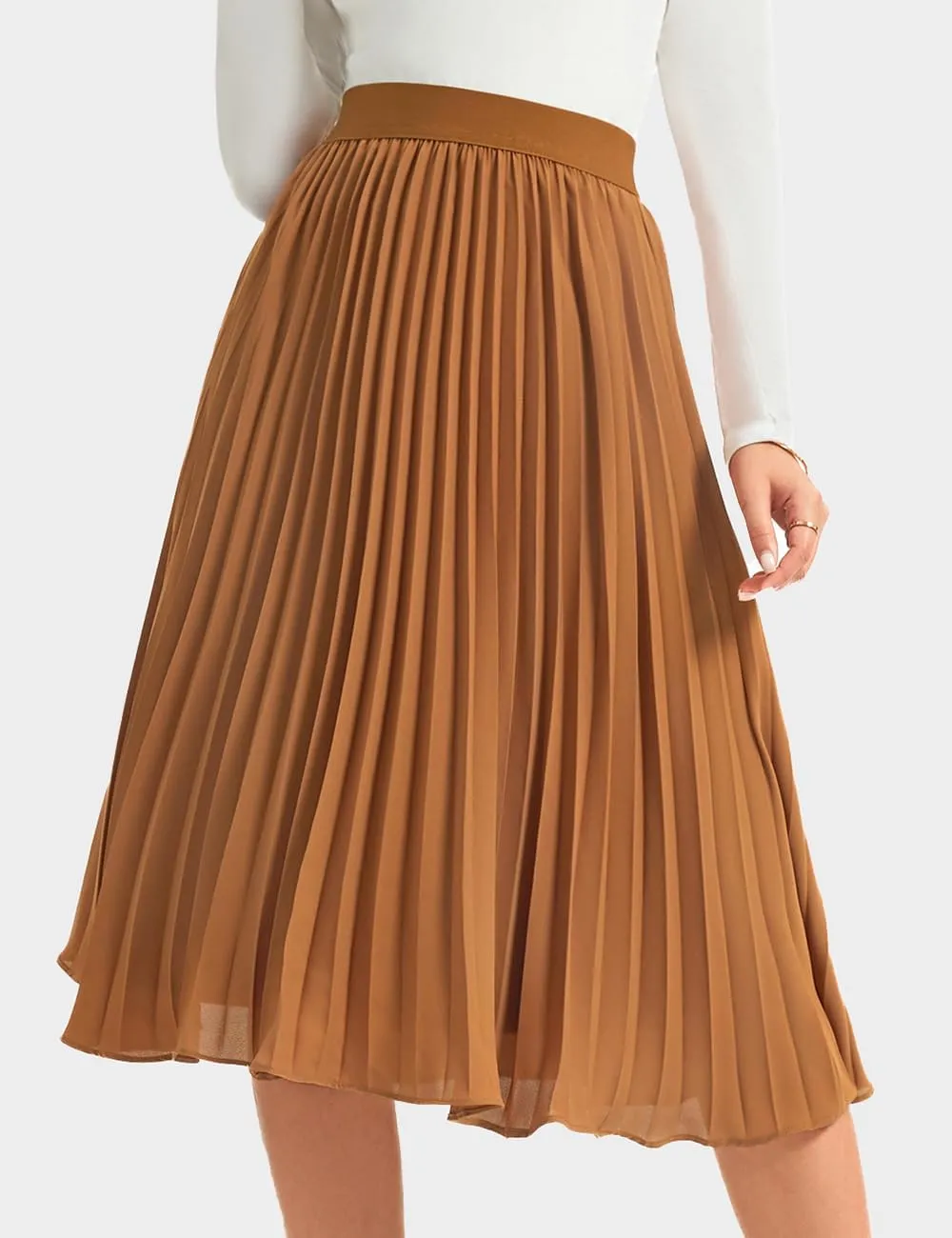 Women's Midi Skirt Elastic High Waist Pleated Skirt Knee Length Swing A-Line Casual Flowy Skirts 2025