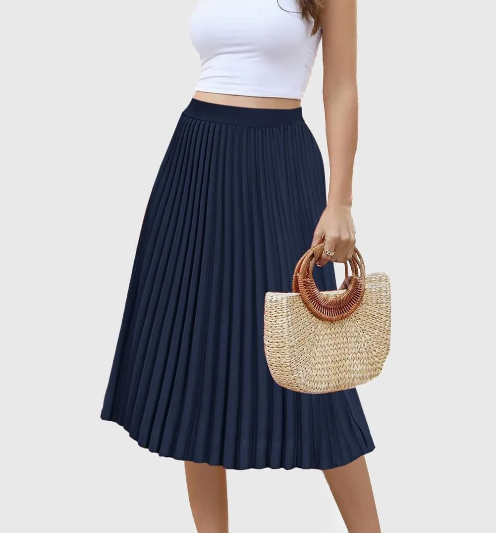 Women's Midi Skirt Elastic High Waist Pleated Skirt Knee Length Swing A-Line Casual Flowy Skirts 2025