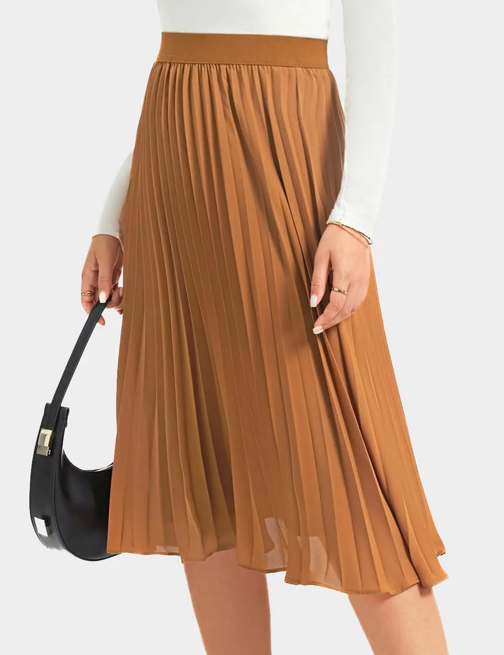 Women's Midi Skirt Elastic High Waist Pleated Skirt Knee Length Swing A-Line Casual Flowy Skirts 2025