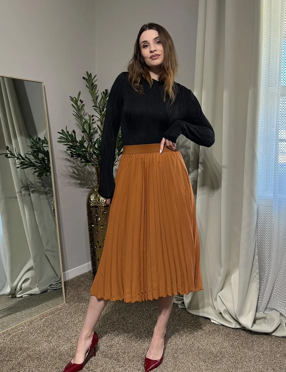 Women's Midi Skirt Elastic High Waist Pleated Skirt Knee Length Swing A-Line Casual Flowy Skirts 2025