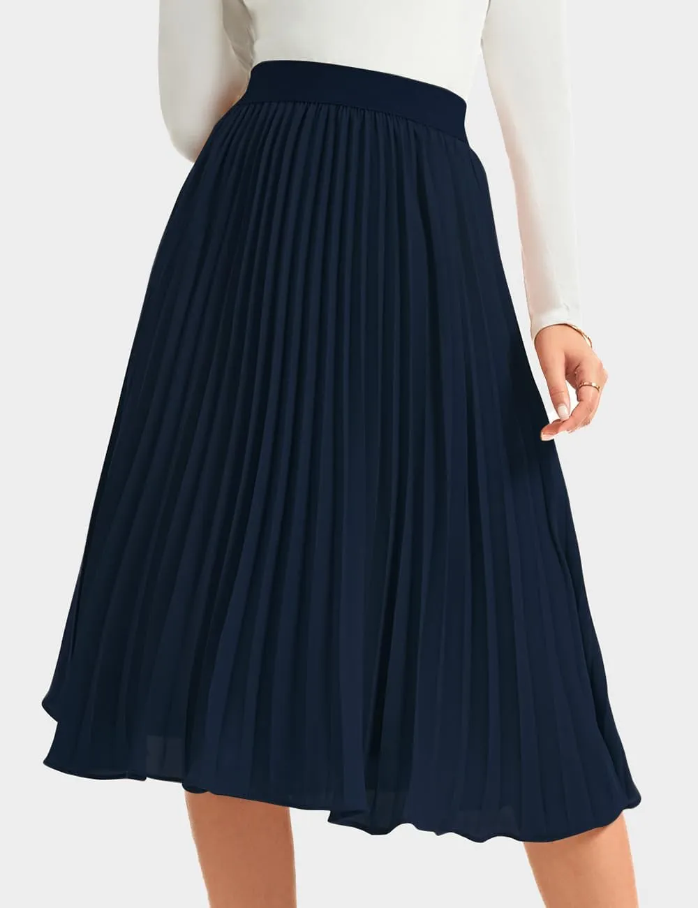 Women's Midi Skirt Elastic High Waist Pleated Skirt Knee Length Swing A-Line Casual Flowy Skirts 2025