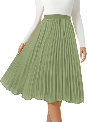 Women's Midi Skirt Elastic High Waist Pleated Skirt Knee Length Swing A-Line Casual Flowy Skirts 2025