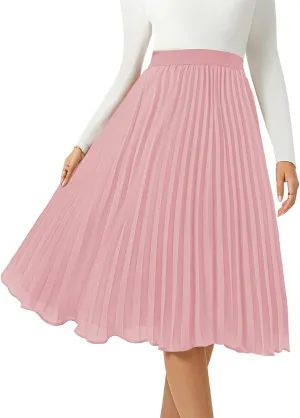 Women's Midi Skirt Elastic High Waist Pleated Skirt Knee Length Swing A-Line Casual Flowy Skirts 2025