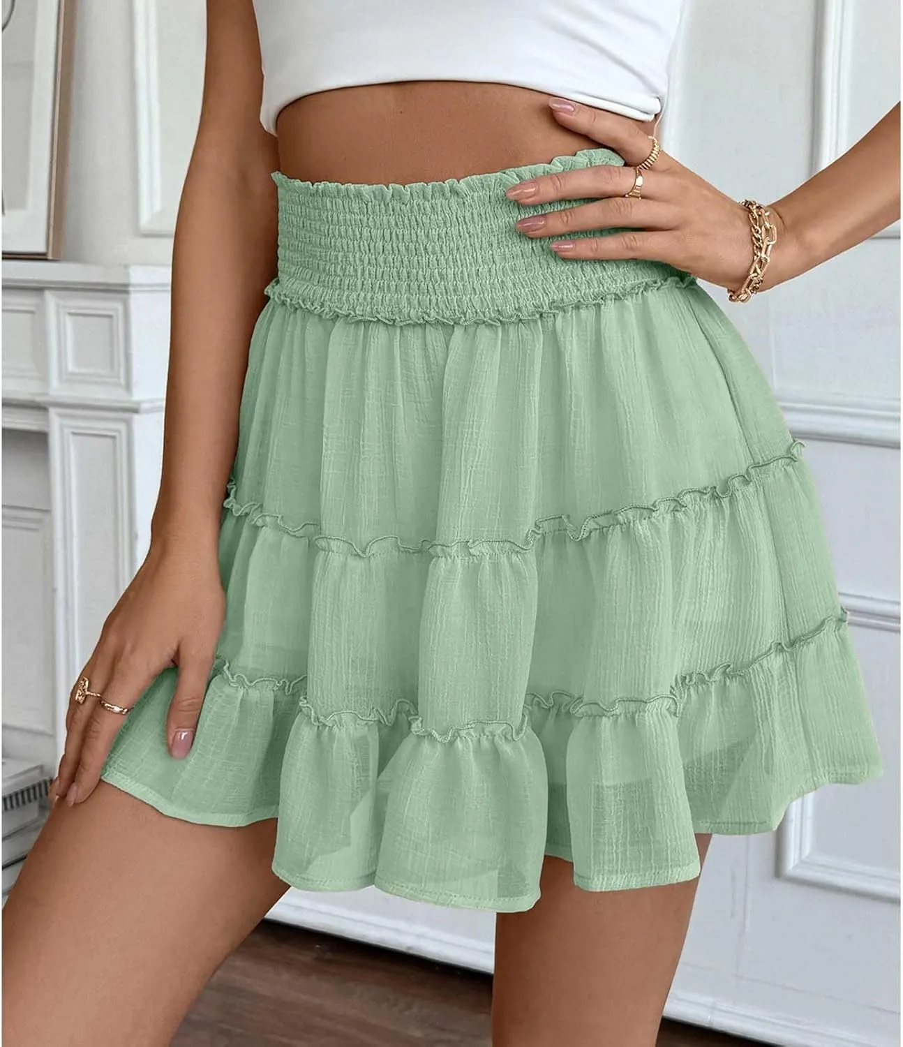 Womens Mini Skirt Ruffle Pleated Flowy Bubble Skirt with Shorts Underneath Summer Y2k A Line Cute Flared Skirt Skorts
