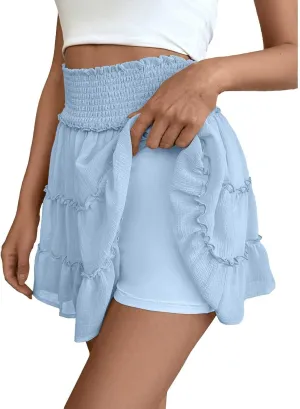 Womens Mini Skirt Ruffle Pleated Flowy Bubble Skirt with Shorts Underneath Summer Y2k A Line Cute Flared Skirt Skorts