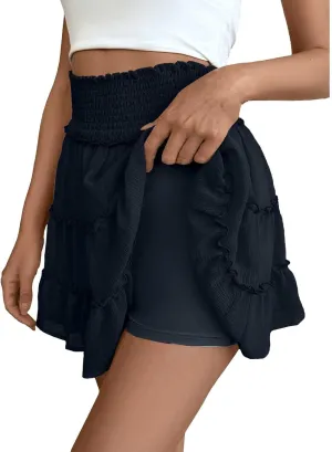 Womens Mini Skirt Ruffle Pleated Flowy Bubble Skirt with Shorts Underneath Summer Y2k A Line Cute Flared Skirt Skorts