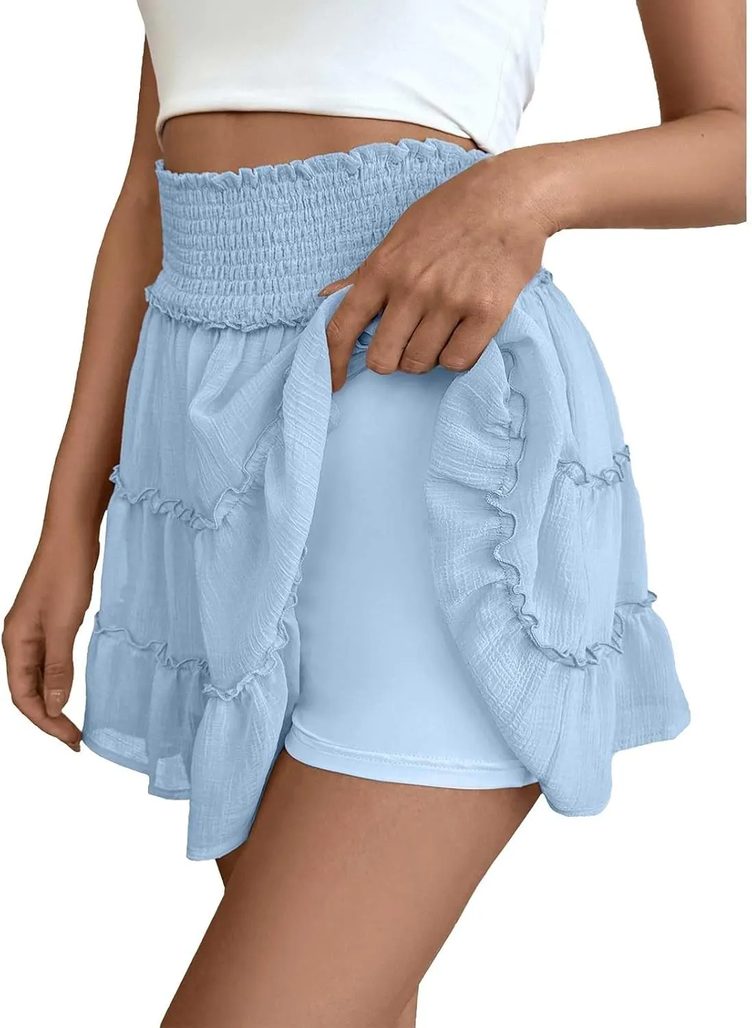 Womens Mini Skirt Ruffle Pleated Flowy Bubble Skirt with Shorts Underneath Summer Y2k A Line Cute Flared Skirt Skorts