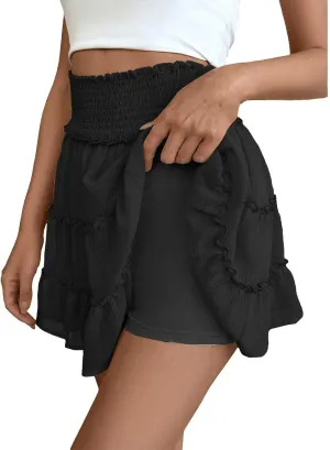 Womens Mini Skirt Ruffle Pleated Flowy Bubble Skirt with Shorts Underneath Summer Y2k A Line Cute Flared Skirt Skorts