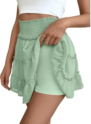 Womens Mini Skirt Ruffle Pleated Flowy Bubble Skirt with Shorts Underneath Summer Y2k A Line Cute Flared Skirt Skorts