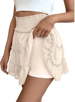 Womens Mini Skirt Ruffle Pleated Flowy Bubble Skirt with Shorts Underneath Summer Y2k A Line Cute Flared Skirt Skorts