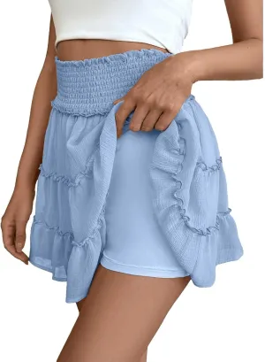 Womens Mini Skirt Ruffle Pleated Flowy Bubble Skirt with Shorts Underneath Summer Y2k A Line Cute Flared Skirt Skorts