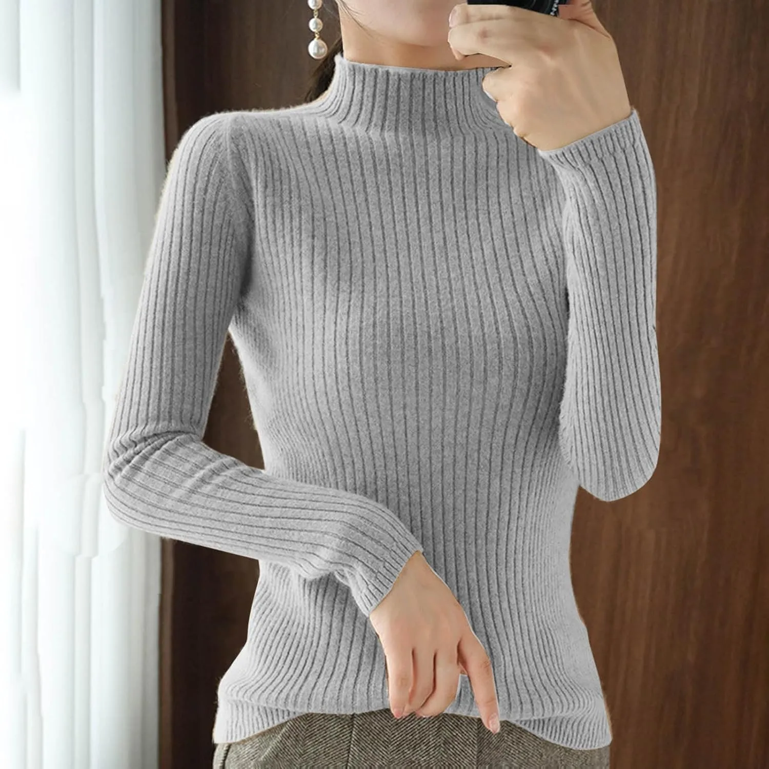 Womens Mock Turtleneck Ribbed Sweaters Slim Fit Sexy Basic Solid Knit Warm Classic Long Sleeve Sweater Pullover Tops