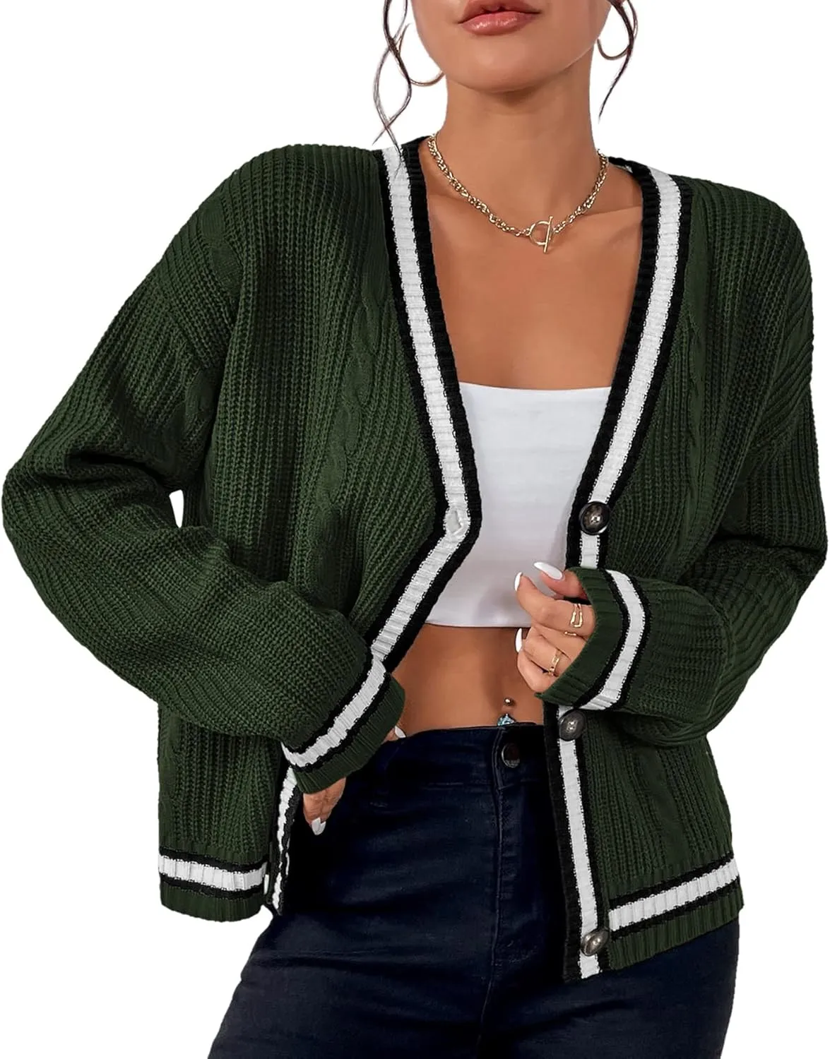 Womens Open Front Cardigan Button Down Striped Sweater Casual Loose Fitting V Neck Knit Coat