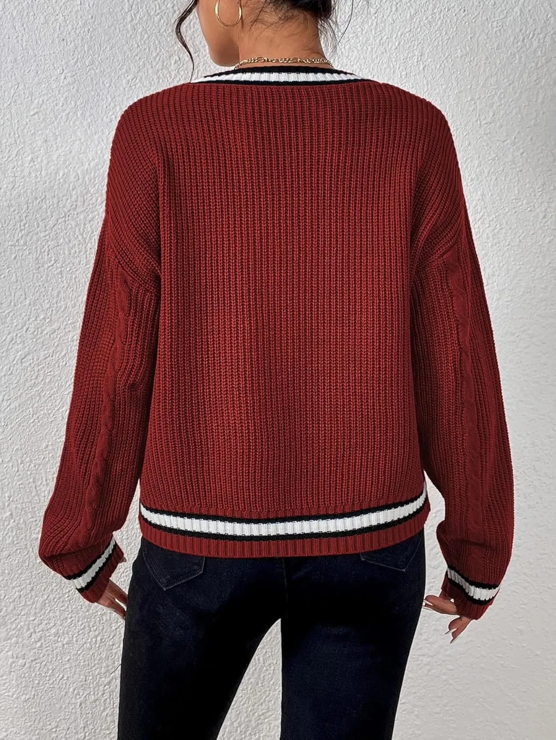 Womens Open Front Cardigan Button Down Striped Sweater Casual Loose Fitting V Neck Knit Coat