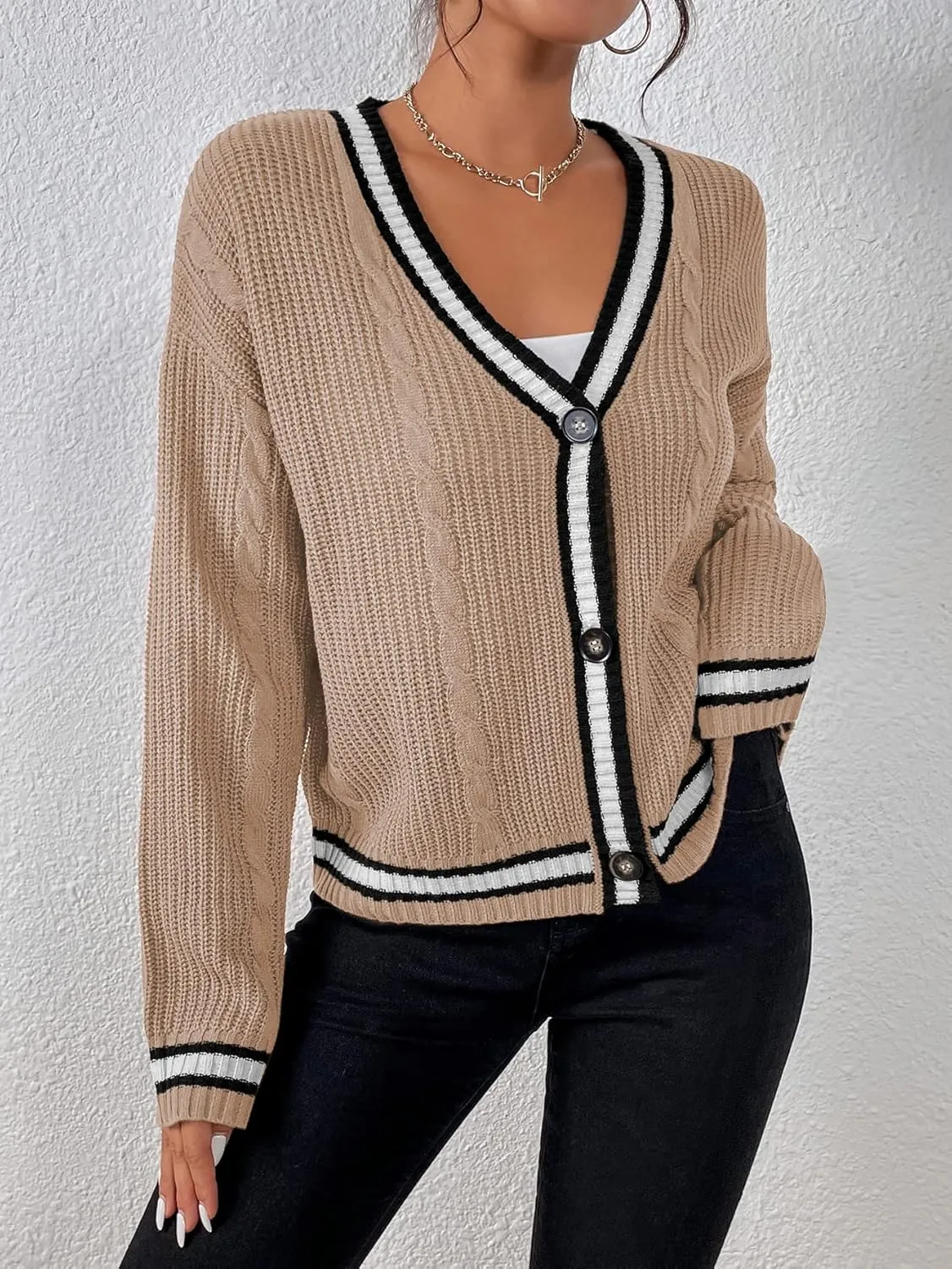 Womens Open Front Cardigan Button Down Striped Sweater Casual Loose Fitting V Neck Knit Coat