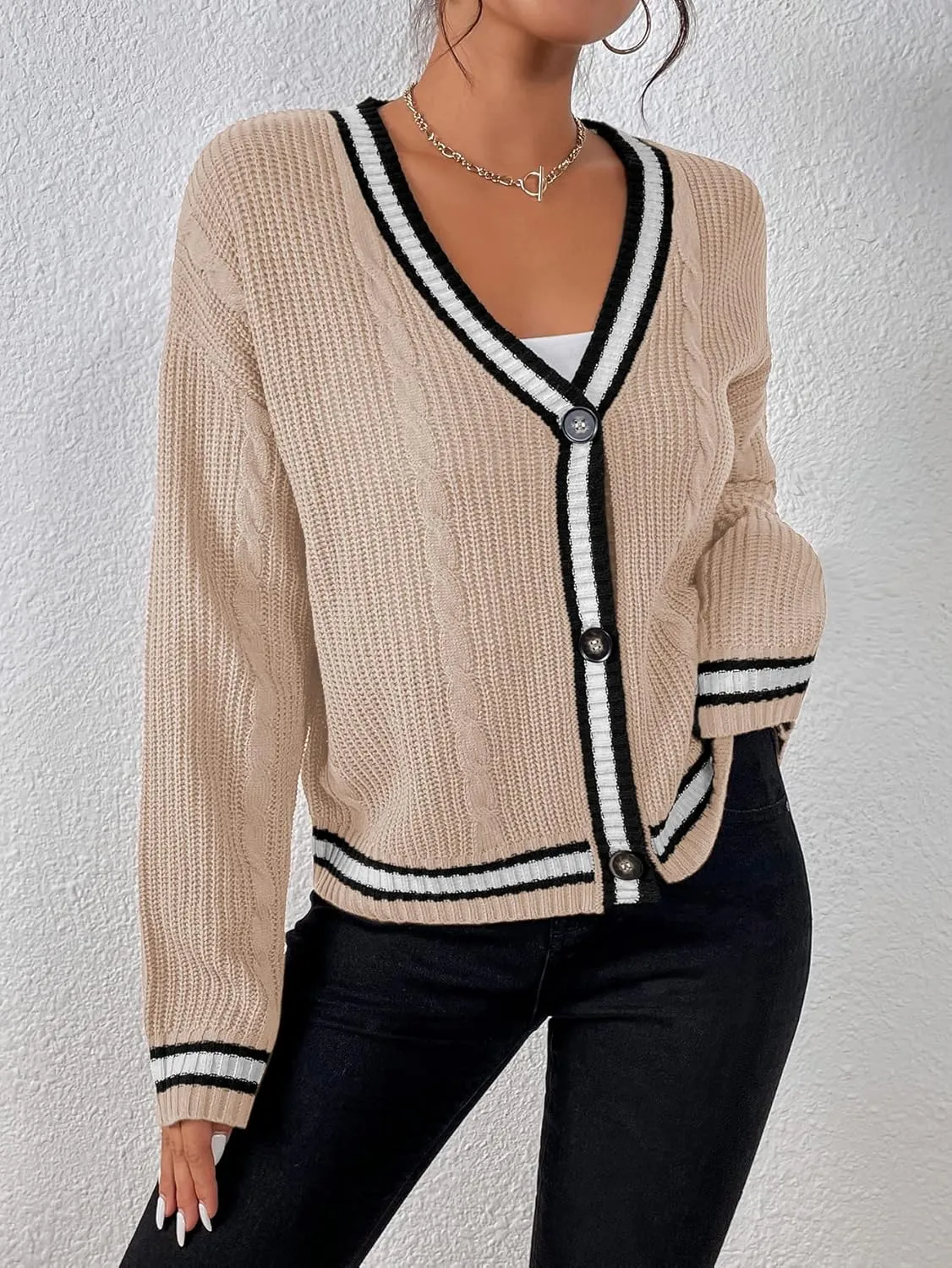 Womens Open Front Cardigan Button Down Striped Sweater Casual Loose Fitting V Neck Knit Coat