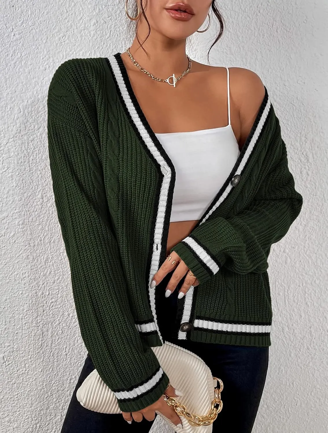 Womens Open Front Cardigan Button Down Striped Sweater Casual Loose Fitting V Neck Knit Coat