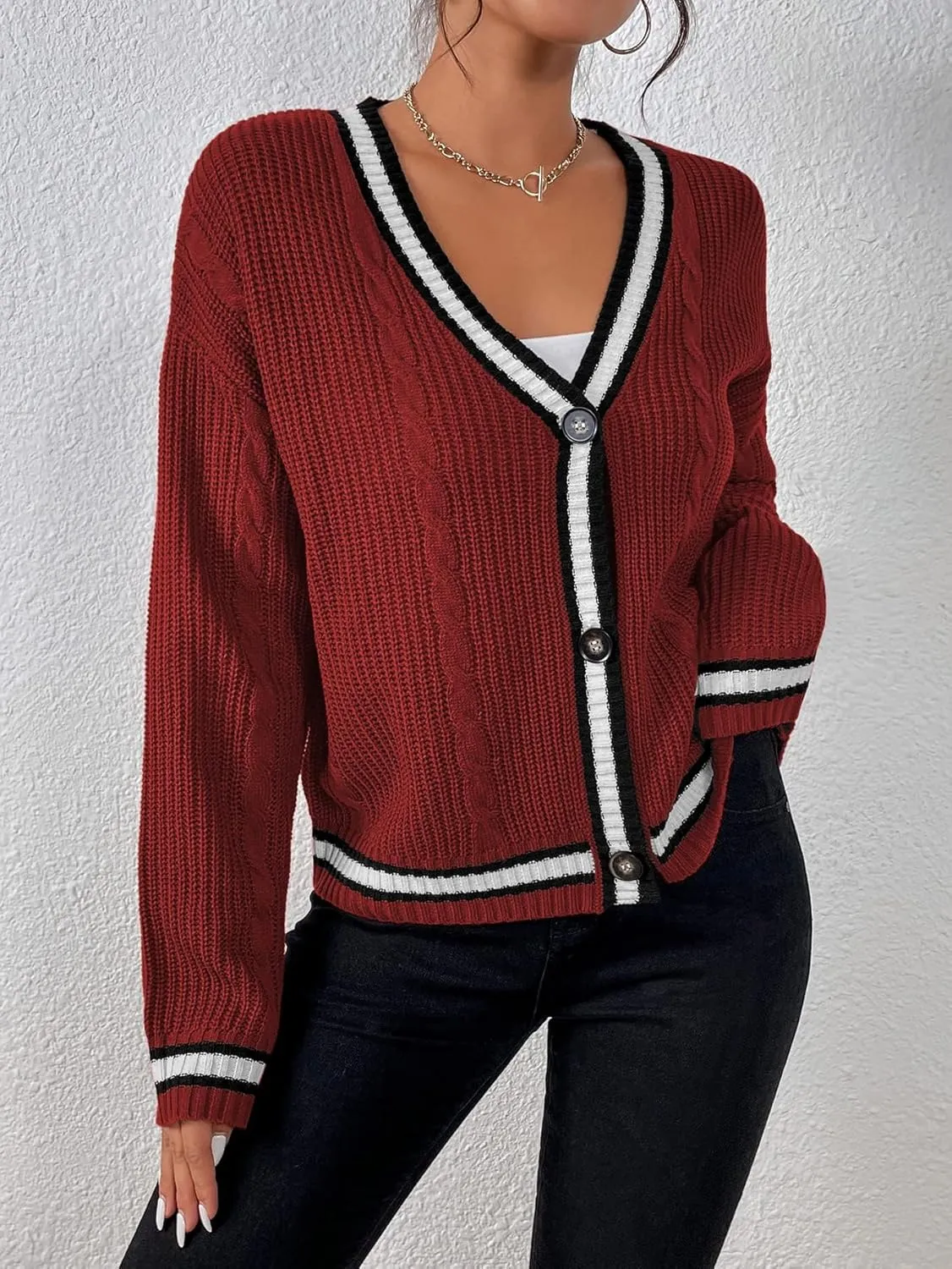 Womens Open Front Cardigan Button Down Striped Sweater Casual Loose Fitting V Neck Knit Coat