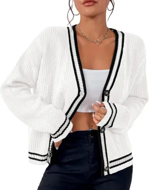 Womens Open Front Cardigan Button Down Striped Sweater Casual Loose Fitting V Neck Knit Coat