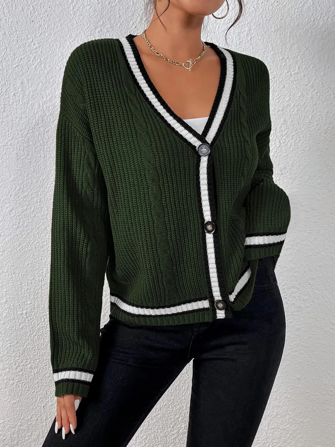 Womens Open Front Cardigan Button Down Striped Sweater Casual Loose Fitting V Neck Knit Coat
