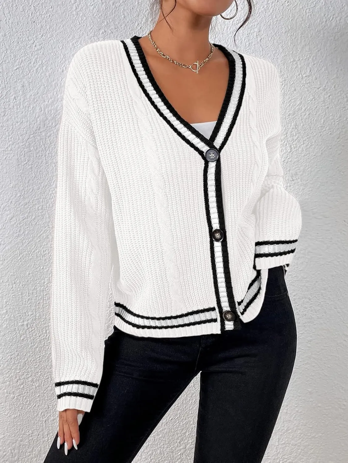 Womens Open Front Cardigan Button Down Striped Sweater Casual Loose Fitting V Neck Knit Coat