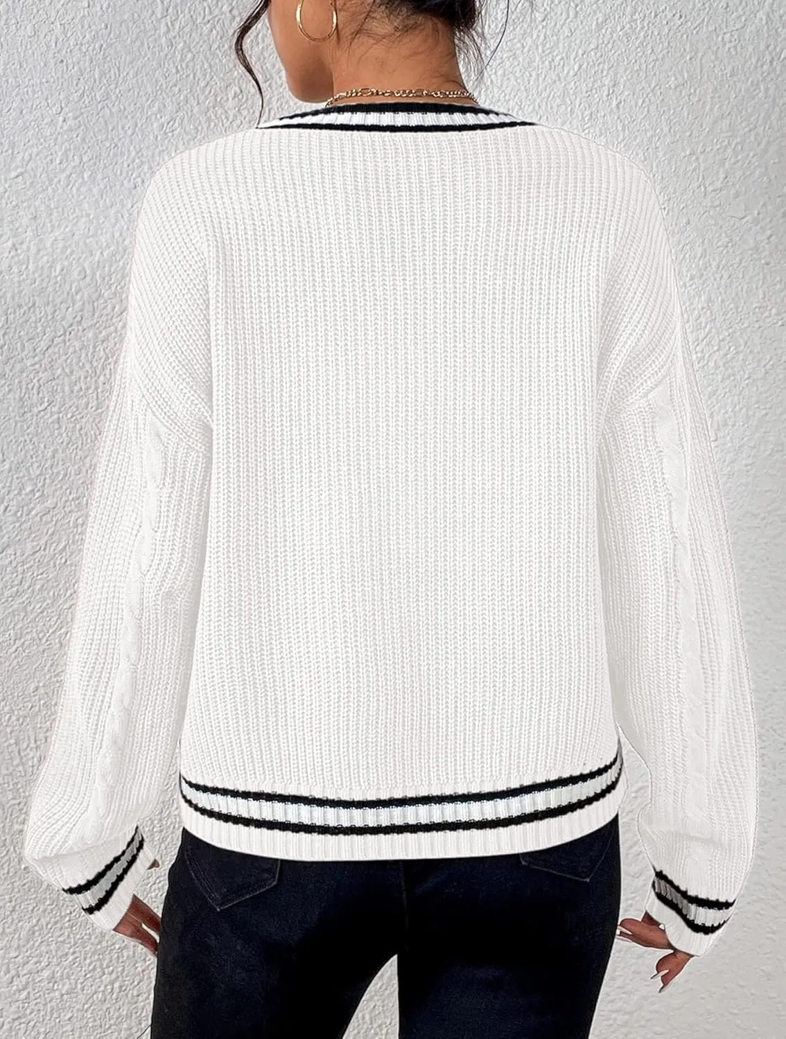 Womens Open Front Cardigan Button Down Striped Sweater Casual Loose Fitting V Neck Knit Coat