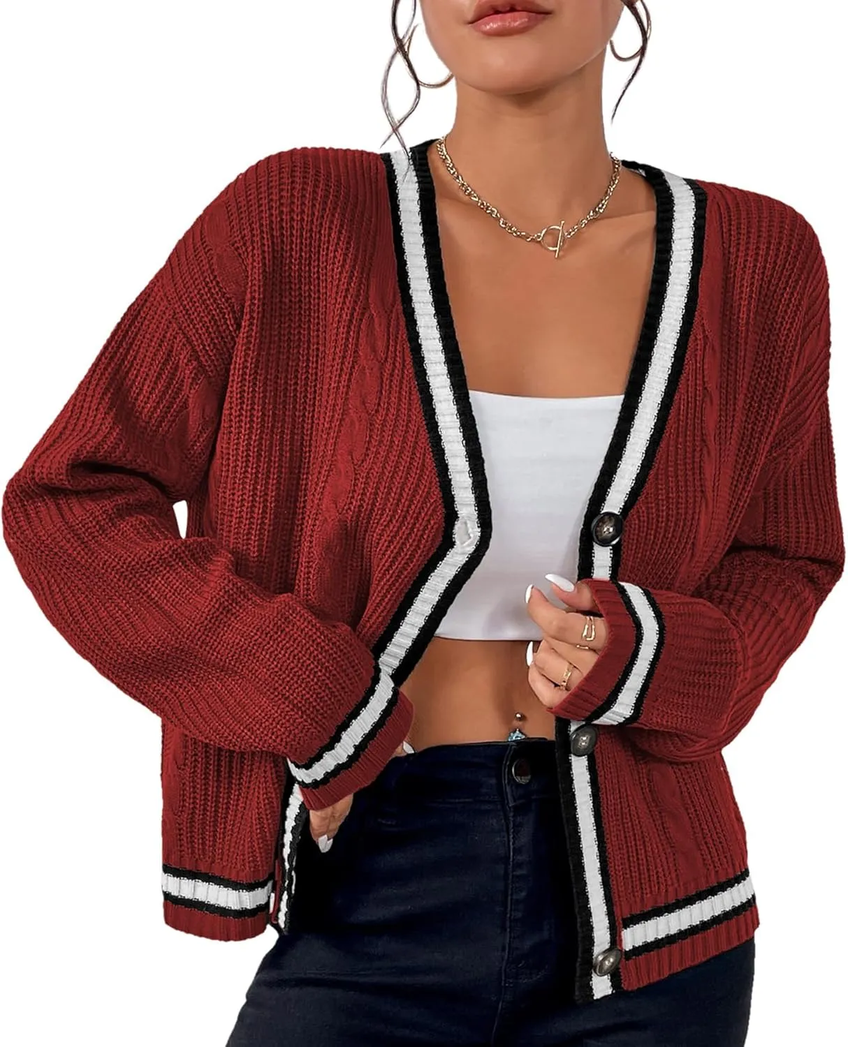 Womens Open Front Cardigan Button Down Striped Sweater Casual Loose Fitting V Neck Knit Coat
