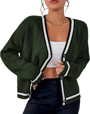 Womens Open Front Cardigan Button Down Striped Sweater Casual Loose Fitting V Neck Knit Coat