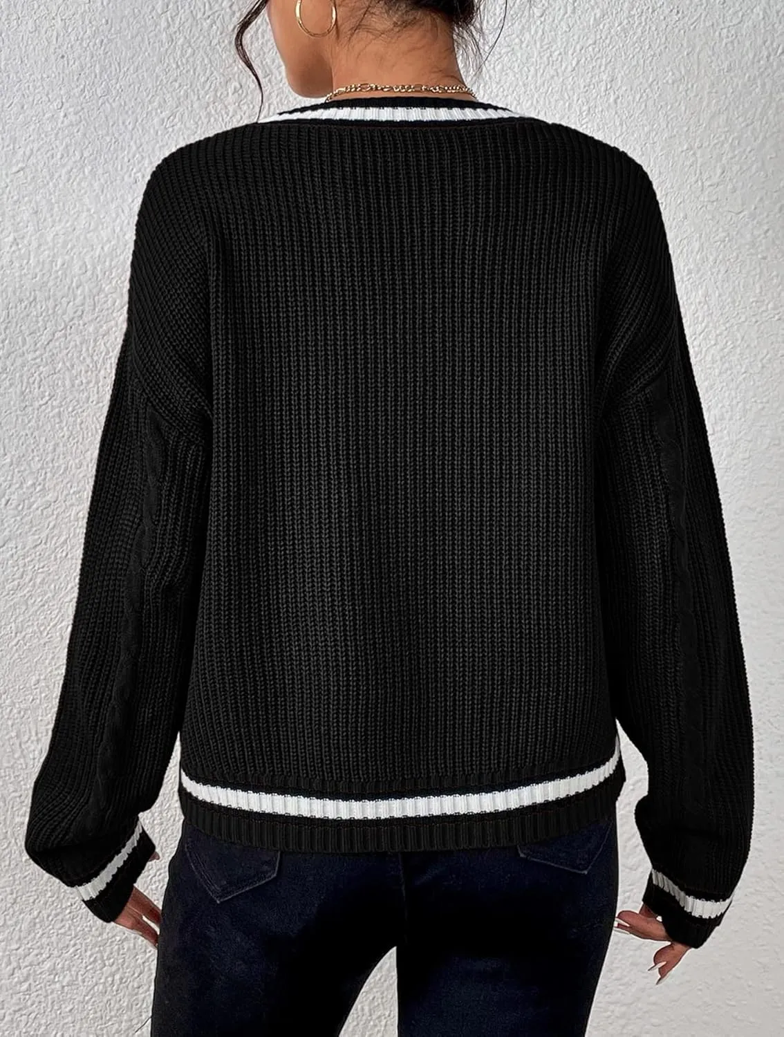 Womens Open Front Cardigan Button Down Striped Sweater Casual Loose Fitting V Neck Knit Coat