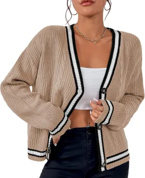 Womens Open Front Cardigan Button Down Striped Sweater Casual Loose Fitting V Neck Knit Coat