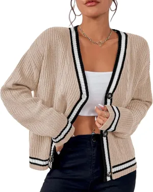 Womens Open Front Cardigan Button Down Striped Sweater Casual Loose Fitting V Neck Knit Coat