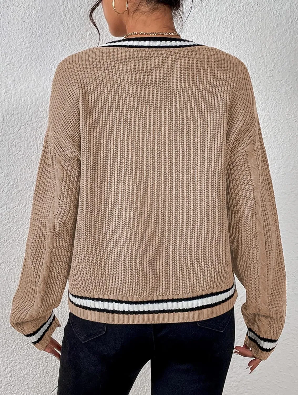 Womens Open Front Cardigan Button Down Striped Sweater Casual Loose Fitting V Neck Knit Coat