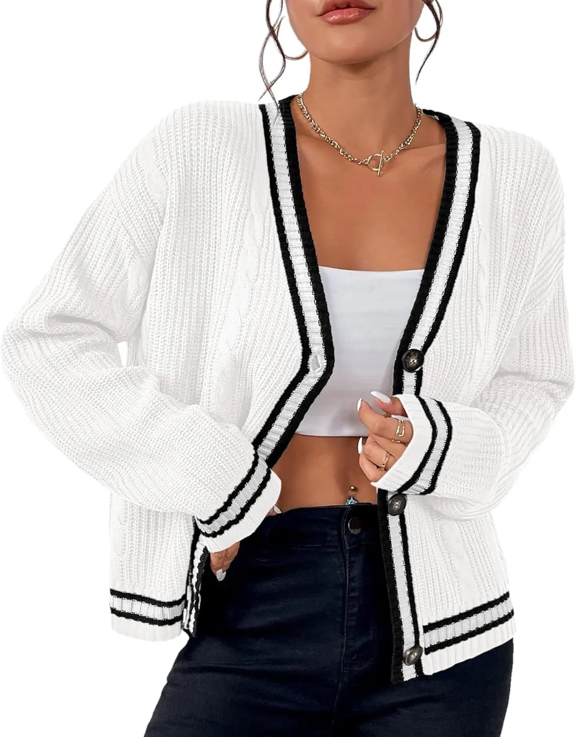 Womens Open Front Cardigan Button Down Striped Sweater Casual Loose Fitting V Neck Knit Coat