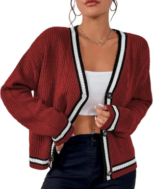 Womens Open Front Cardigan Button Down Striped Sweater Casual Loose Fitting V Neck Knit Coat
