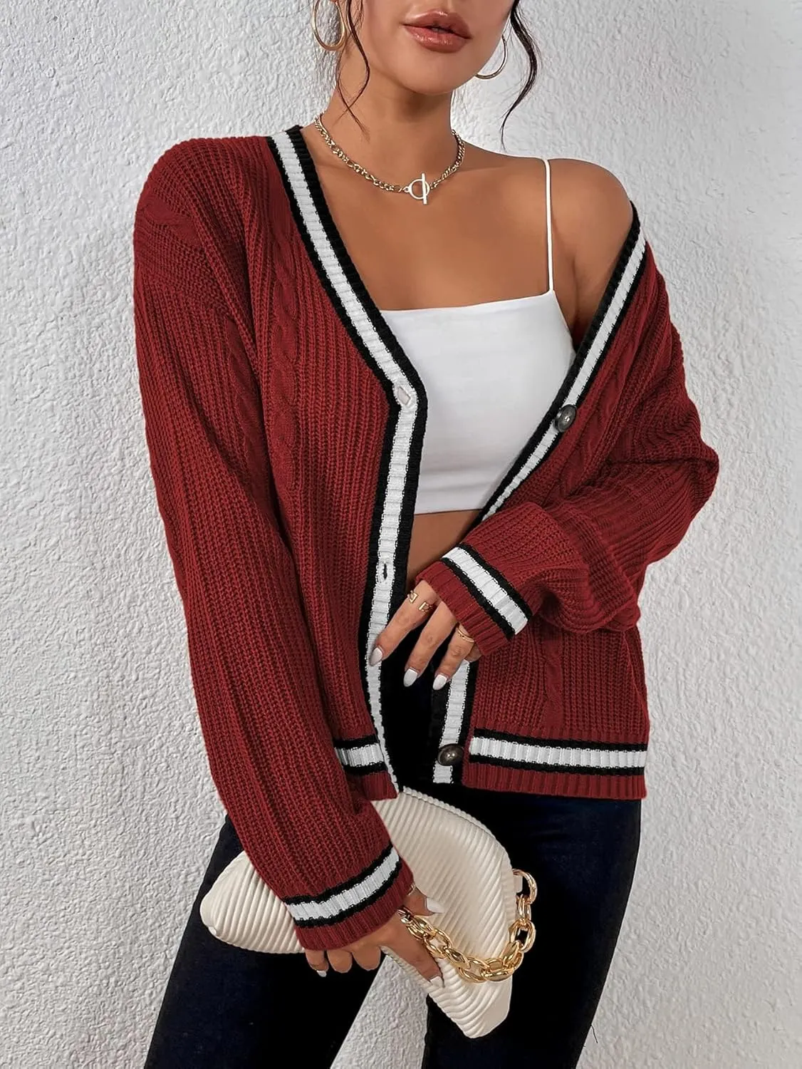 Womens Open Front Cardigan Button Down Striped Sweater Casual Loose Fitting V Neck Knit Coat