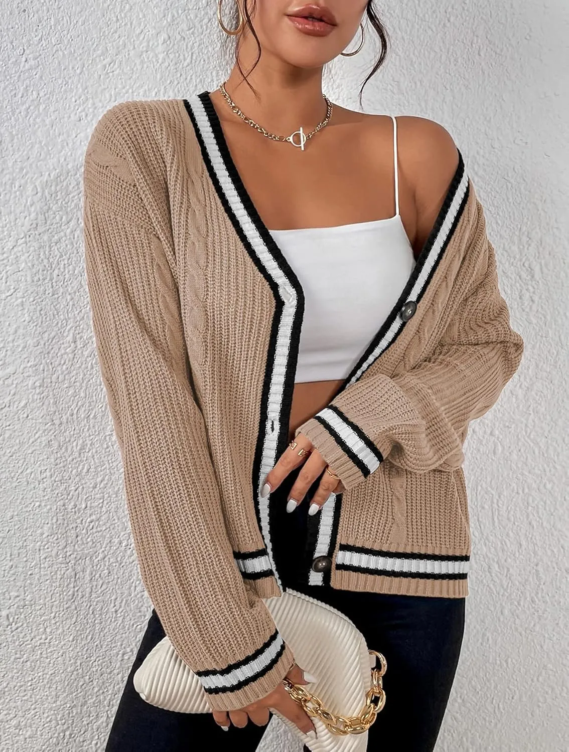 Womens Open Front Cardigan Button Down Striped Sweater Casual Loose Fitting V Neck Knit Coat